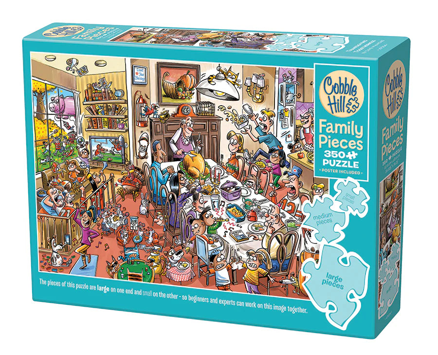 Thanksgiving Togetherness-Family Puzzle -350 Pieces
From Cobble Hill
Who's ready for some fantastic Thanksgiving Togetherness? This is everything you want in a gathering and everything you don't! Antics inside and out from flying pigs to cats in cabinets, there's so much to discover in this Family Pieces 350 cartoon puzzle