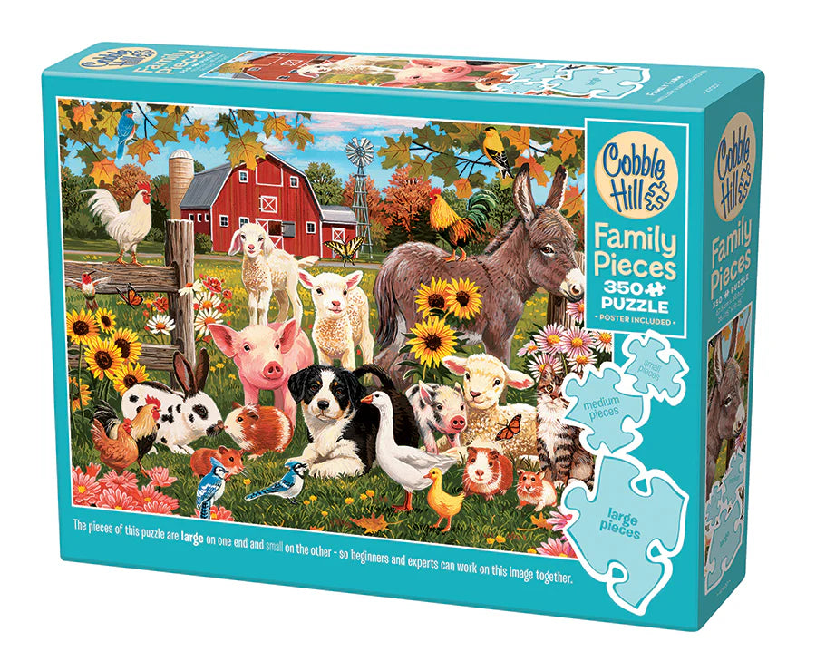 Family Farm-Family Puzzle -350 Pieces
From Cobble Hill
How many animals can you find at the Family Farm? This farm even includes guinea pigs! What a fun puzzle for the whole family to delight in together.