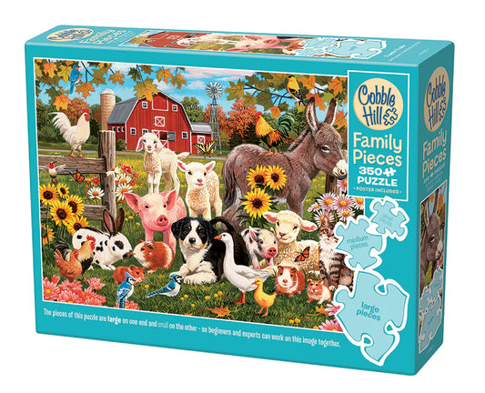 Family Farm-Family Puzzle -350 Pieces
From Cobble Hill
How many animals can you find at the Family Farm? This farm even includes guinea pigs! What a fun puzzle for the whole family to delight in together.