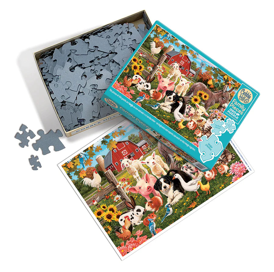 Family Farm-Family Puzzle -350 Pieces
From Cobble Hill
How many animals can you find at the Family Farm? This farm even includes guinea pigs! What a fun puzzle for the whole family to delight in together.