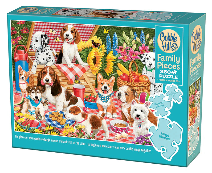 Picnic Part-Family Puzzle -350 Pieces
From Cobble Hill
Who let the dogs out? What a fun Picnic Party for a dog lover! As they gather together on the picnic cloth, you can see the excitement in their eyes as they patiently wait to dig into the treats (well most of them are patiently waiting)!