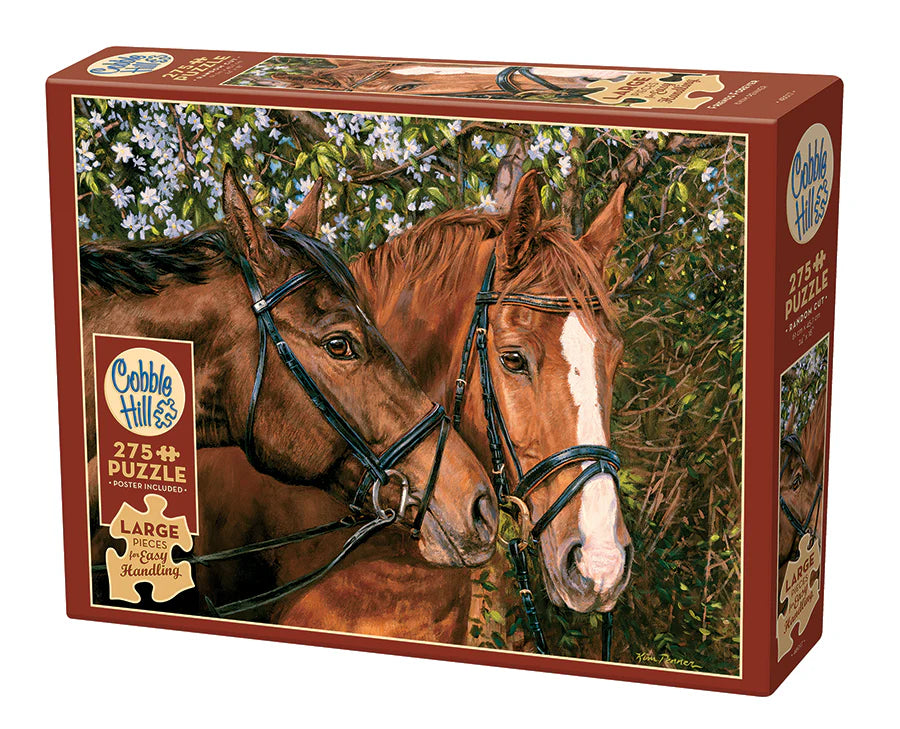 Friends Forever -Easy Handling- 275 Pieces
From Cobble Hill
The case of 'two heads are better than one' rings true in Friends Forever Easy Handling 275 piece puzzle. The lovely horses nuzzle each other as they walk past their favorite flowering hedge.