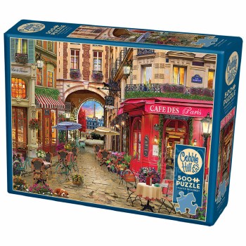 Cafe Des Paris Puzzle - 500 PC Puzzles - Radom Cut  From Cobble Hill  Finished Size: 26.625" x 19.25"  Poster Included  Café des Paris is open to early birds, but don't expect the dog to join. Enjoy a scenic view of the Eifel Tower as you meander the cobblestone streets of France in this lovely puzzle.