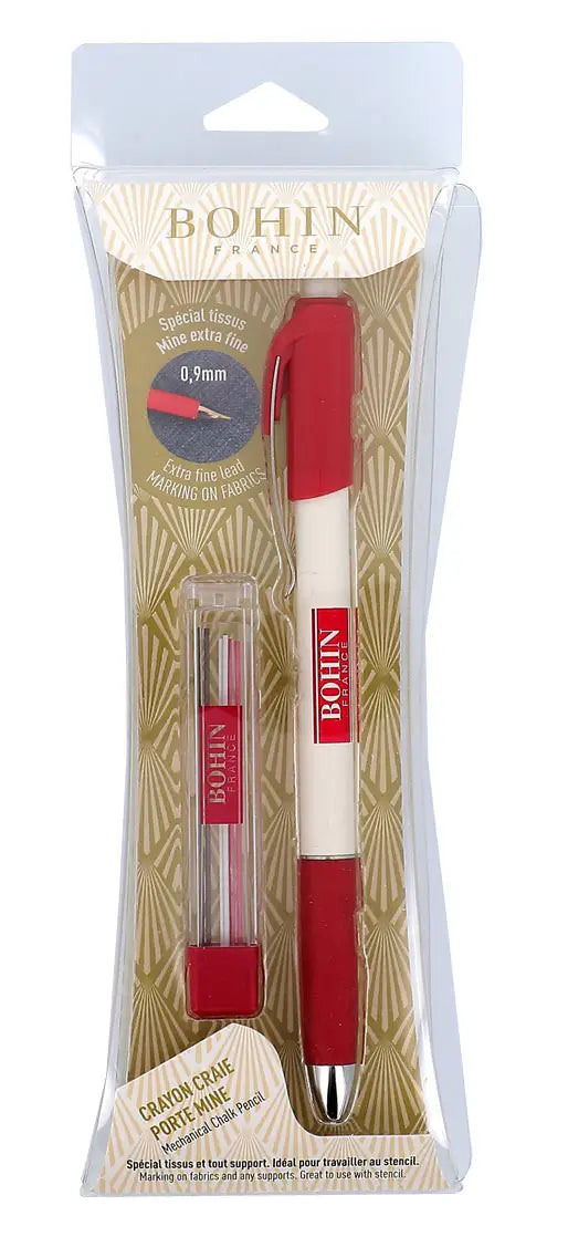 Bohin Chalk Pencil and Assorted Refill Leads .9mm, Water soluble, can be washed out or erased with any fabric eraser. Extra fine chalk for marking on fabrics. For patchwork, quilting, garment, clothing, sewing. Twist erase, long lasting. Ceramic colored chalk, strong and colorants can not penetrate into the fabric. One Chalk Pencil
