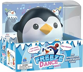 Freeze Dance with Chilly By Blue Orange Games  1 to 4 Players  Ages 4+  FREEZE DANCE GAME: This adorable penguin plays music and children need to follow directions, dance and freeze. This unique toy develops fine motor coordination, teaches young children about following directions, recognizing colors and strengthens social skills. Easy to understand and play - no reading required