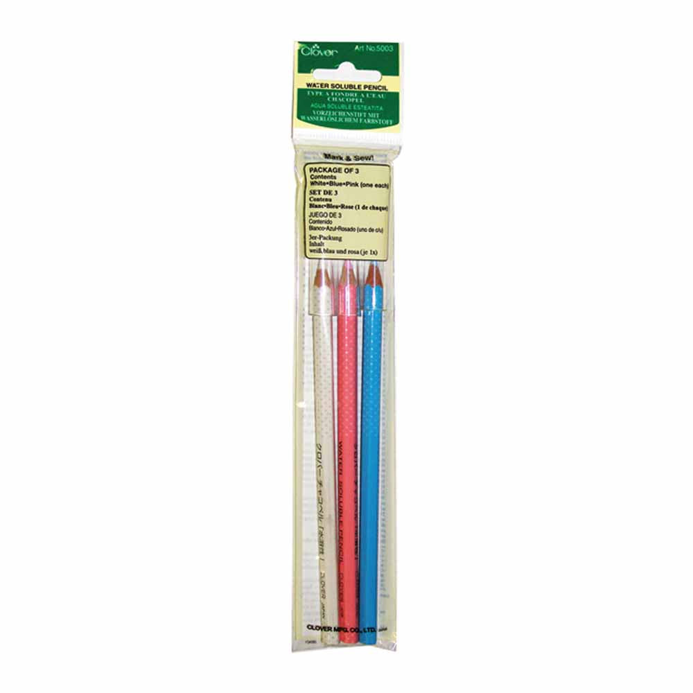 Water Soluble Pencil 3 Colour Assortment From Clover
What makes this water soluble pencil useful is that it is easily wiped off with water. This marking pen is suited for precise marking on all your fabric projects. It is very useful for marking when you sew, stitch and quilt.
Colour: Pink, Blue and White
Use: Marking Pencil
Included: Three Pencils per Pack