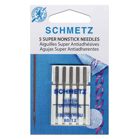 SCHMETZ #4502 Super NonStick Needles Carded - 80/12 - 5 count A super universal needle with a non-stick coating of NIT (Nickel-Phosphor-PTFE). Extra-large eye is suitable for embroidery work. 