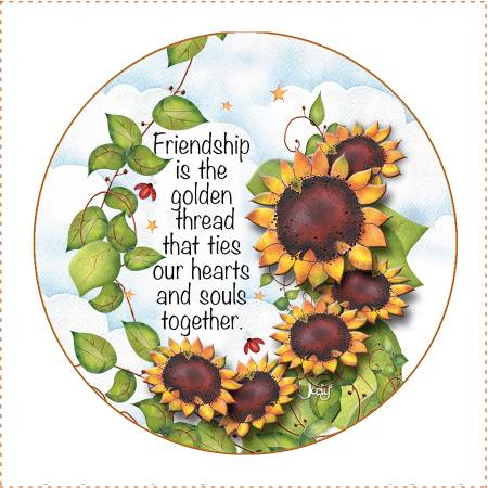 Friend Sunflower fabric art panel 5" in diameter. 100% cotton, permanent dyes. Printed in the USA. Perfect for appliqués, elements in quilted projects, base designs 