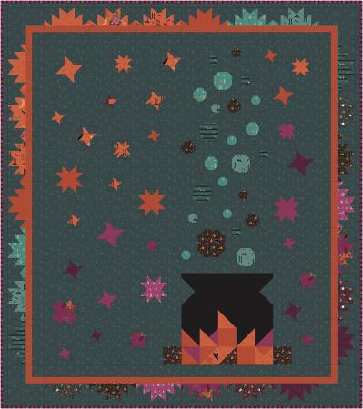 Bubbling Brew Quilt Pattern  From Bee Sew Inspired  The bubbling cauldron is an iconic symbol for ANY storybook Witch fan or for someone who simply wants a seasonal quilt they can display for an extended amount of time. Using an ombre affect, showcase all the fun prints in the Little Witch collection through stars, bubbles and a flame border! The Bubbling Brew lap-size quilt pattern finishes at 79” x 89” and is traditionally pieced with easy stitch and flip technique.