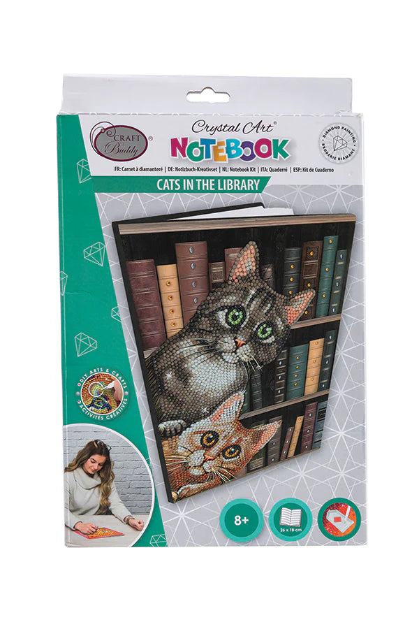 Cats in the Library Notebook Kit - Crystal Art-Get ready to literally make your thoughts dazzle! Create a sparkling stationary cover with the Crystal Art Notebook Kit that comes complete with all the tools and 50 lined pages to record your notes. Give it as a brilliant gift, take it to school, or use as a journal. Approximately 2 to 3 hours assembly time. Notebook size is 6.9" x 10". Suitable for ages 8+