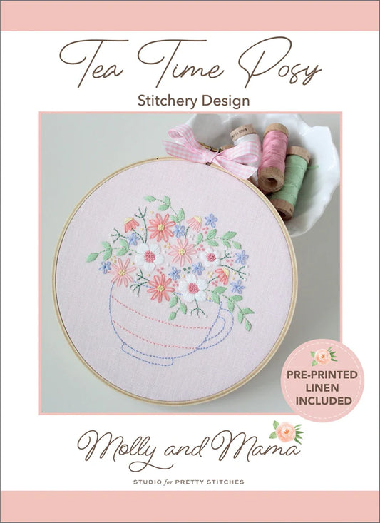 Tea Time Posy Embroidery Pattern and Pre-printed Linen