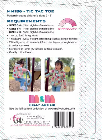 Tic Tac Toe Jacket Pattern For Kids
By Melly &  Me
Printed Paper Pattern
Finished Size: Kids 3-8
Final Product: Wearables
Paper Templates Included
Technique Used: Standard Machine Sewing
Skill Level: Intermediate
