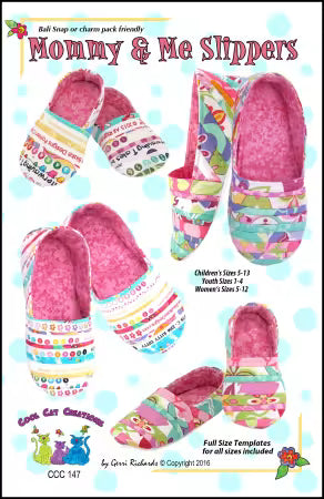 Mommy & Me Me Slippers Pattern
From Cool Cat Creations
Make matching slippers for you and your little one with this pattern.Here is a fun pattern if you have been saving your selvages, or you can use 2.5" strips (pre-cut or scraps). The pattern has full size templates, women's 5-12, children's 5-13 and youth 1-4. The pattern uses a foam interfacing for the slipper tops and removable inserts.