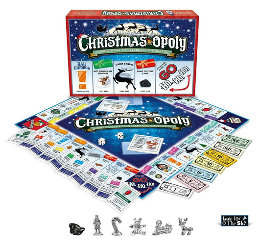 Christmas-Opoly Board Game  From Late for the Sky 2 to 6 Players  Ages 8 and up  It's beginning to look a lot like Christmas! Get your lights up, your presents wrapped, gather family and friends, and pop the lid off CHRISTMAS-OPOLY. Watch out Players! You may be run over by a reindeer! Be nice... or you might end up with a lump of coal!