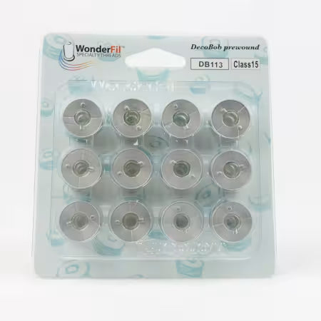 DecoBob Prewound Bobbins Class 15 12ct Dove Grey
From Wonderfil Threads
Colour: Gray
Made of: 2-ply Cottonized Polyester Thread
Use: Bobbins
Size: Class 15
Included: 12 Bobbins per pack