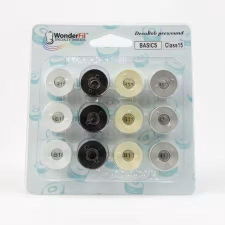 DecoBob Prewound Bobbins Class 15 12ct Black White Cream Grey
From Wonderfil Threads
Colour: 3 - Gray, 3 - Cream, 3 - White, 3 - Black
Made of: 2-ply Cottonized Polyester Thread That Feels and Acts Like Cotton
80wt
Use: Bobbins
Size: Class 15
Included: 12 Bobbins per pack