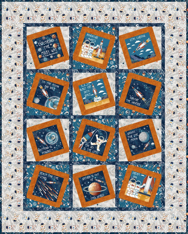 Milky Way Dancing Squares Quilt Kit
Designed by: Henry Glass & Co.
Fabric Collection Name and Fabric Designer: Milky Way by Kate Mawdsley
Includes:
Free Pattern
All Fabric to make the quilt top and binding.
All prints in the collection feature glow-in-the-dark accents.
100% Cotton
Finished Quilt Size: 52" x 65"
Finished Block Size: 12" x 12"
Technique: Pieced
Skill Level: Advanced Beginner