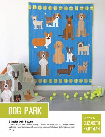 Dog Park
Dog Park includes instructions for making 11 different patchwork pups and four different sampler quilt sizes. Everything is made with conventional patchwork techniques. No templates or paper piecing-The pattern includes a detailed chart showing the specific fabrics I used to make my samples, but don’t hesitate to make different fabric/color choices! 