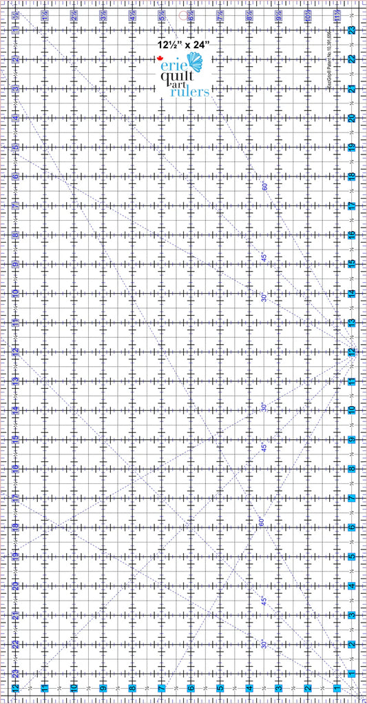 Non-Slip Quilting Ruler 12.5" x 24" Designed by Canadians for Canadians, Erie Quilt Art Rulers feature easy-to-read lines for marking and measuring fabric, as well as multiple angles. Each ruler has a non-slip coating that makes for more accurate cutting.