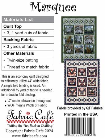 Marquee Individual Pattern-
From Fabric Cafe-Individual lap-size 3-yard quilt pattern. Great for using fabric panels. Finished size 40" X 54"