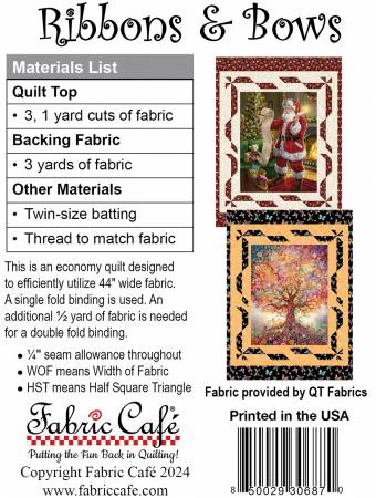 Ribbons & Bows Individual Pattern-
From Fabric Cafe-Individual lap-size 3-yard quilt pattern. Great for using fabric panels. Finished size 42" X 57"