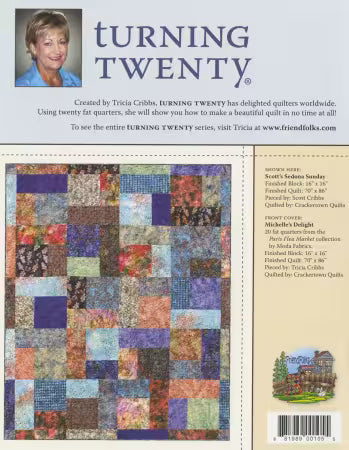 Back cover of the Turning Twenty quilting pattern booklet, showing the title 'TURNING TWENTY' at the top, a small portrait photo of Tricia Cribs, a large quilt pattern preview on the left, and product details on the right including pattern name and maker.