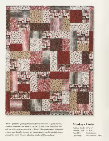 A quilt pattern page showing a patchwork quilt design titled 'Monkey's Uncle' with multiple fabric pattern options in red, beige, and white. The page includes text descriptions of the fabrics and quilt details on a light background.