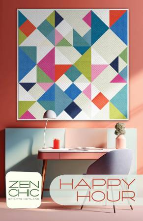 Happy Hour Quilt Pattern. From Zen Chic By Brigitte Heitland. For confident beginners, this wall quilt presents a playful triangle arrangement in fresh colors, perfect for brightening any space.