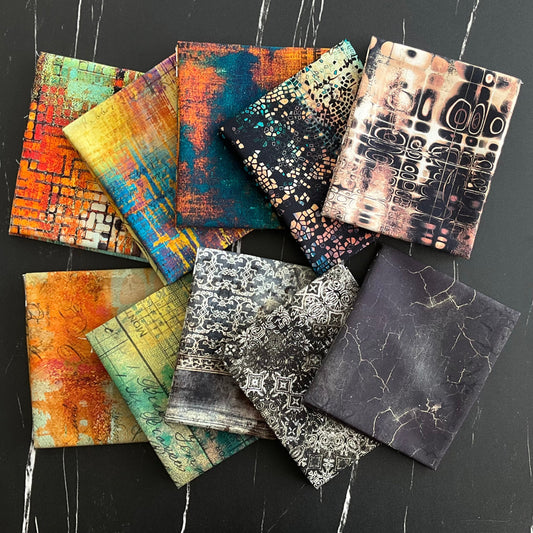 Tim Holts Spark Pack-Includes; 10 Abandoned Fat Quarters-1/2 yard binding-4 Villa Rosa Spark Pack Patterns shown in Tim Holtz Abandoned Fabrics. 