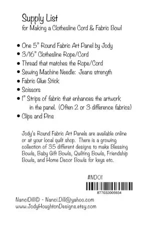 Supply list for making a Clotheshine Cord & Fabric Bowl with Jody's Round Fabric Art Panels.