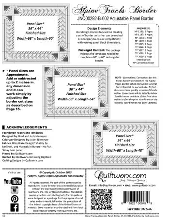 Product information sheet for the Alpine Tracks Border quilting pattern by Quiltworx.com, showing panel sizes, finished sizes, design elements, included pages, and a barcode on a white background.