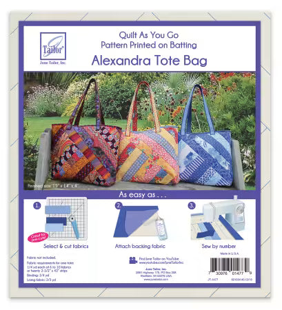 Quilt As You Go Alexandra Tote Bag
By June Taylor Inc.
 Tote pattern printed directly onto quilt batting for sew-by-number construction -- piece and quilt all at once. Designed to work with 2-1/2in strips
Made of: 80% Cotton and 20% Polyester batting
Fusible
Washing/drying instructions: Do not prewash batting