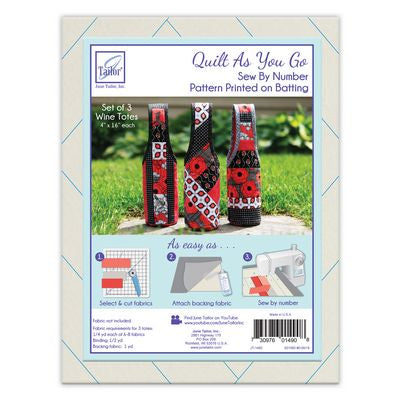 Quilt As You Go Wine Totes 3 pack
By June Taylor Inc.
Reusable and giftable wine tote patterns on printed batting for easy sew-by-number construction. Each package contains three totes. Choose your own fabric.
Finished tote size is approximately 4" x 16".