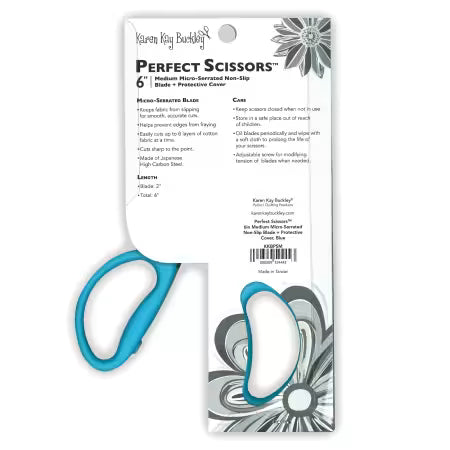 Perfect Scissors Blue 6in Medium Micro-Serrated Non-Slip Bade
From Karen K Buckley
Colour: Blue Handle with Black Micro-Serrated Blade
Made of: Plastic and Japanese High Carbon Steel
Use: Scissors
Overall Length: 5-15/16in
Blade Length: 2”
Included: One Pair of Scissors and a Protective Blade Cover