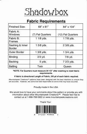 Fabric requirements chart for a shadowbox pattern from Mountainpeek Creatiosn with measurements and yardage details.