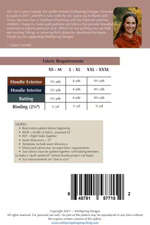 Fabric requirements chart for a hoodie with text and a photo of a woman on a brown background