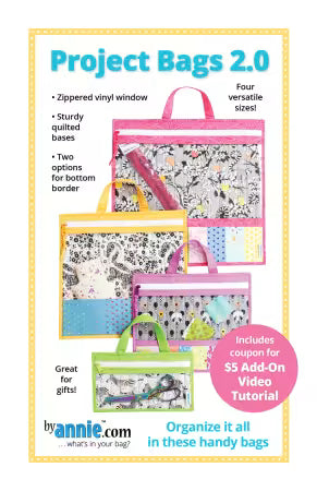 Project Bags 2.0 Pattern
From ByAnnie
Great for organizing everything you need for each of your projects! These handy zippered bags have sturdy quilted bases and vinyl windows for visibility of contents. A handle at the top may be used for carrying or hanging. 
Pattern includes instructions for bags in four sizes:
SMALL: 6.5in (H) x 10.5in (W)
MEDIUM: 10.5in (H) x 12.5in (W)
LARGE: 13.5in (H) x 13.5in (W)
JUMBO: 16.5in
