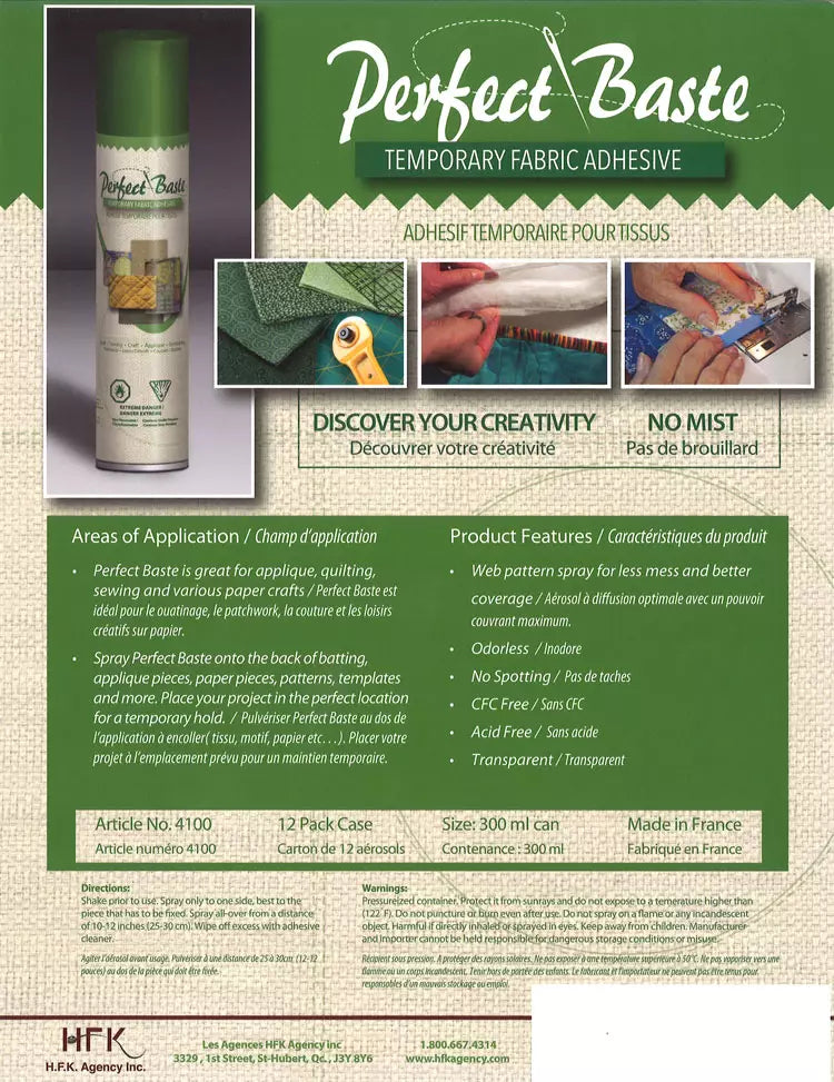 Perfect Baste is a 300ml Temporary Fabric Adhesive Spray is a new no mist, web spray pattern adhesive spray. Made in France