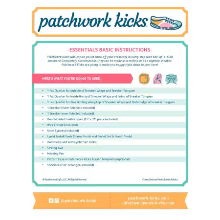 Patchwork Kicks product information sheet with list of materials and tools needed for a project.