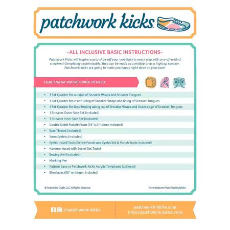 A digital template sheet for 'Patchwork Kicks' showing a list of materials and step-by-step instructions for making custom sneakers. The design features a white background with a teal border, orange header and footer accents, and a blue brand logo at the top.