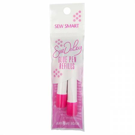 Sue Daley Glue Pen Refill. A water soluble PINK glue that dries clear. Save time basting your English Paper Pieces and use the glue pen instead of basting stitches. This will cut your preparation time at least in half. These Glue Pen Refills are a pack of 2 for the Sue Daley Fabric Glue Pen (PWBSLGP).