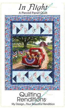 Quilt pattern cover featuring a red truck with dogs and a barn, surrounded by patriotic elements. An example of a different panel used in this pattern.