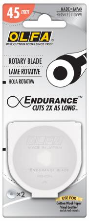 OLFA Endurance Rotary Blade cuts twice as long and fits all OLFA 45mm rotary cutters. It’s the perfect marriage of precision and quality that you expect from OLFA: it cuts effortlessly and retains its edge longer. 2  Blades  included.