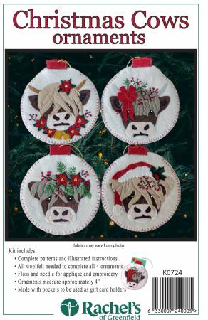 Christmas Cows Ornaments - From Rachel's Of Greenfield
By Rachel Pellman - Christmas Cows Ornaments Kit includes all woolfelt, floss, Needle and templates needed to complete all 4 ornaments. Ornaments measure approximately 4”.