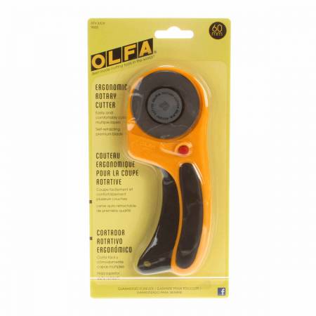 60mm Deluxe Rotary Cutter features OLFA's new ergonomic design providing a comfortable and positive grip. Simply squeeze the handle to engage the blade. Dual-action safety lock allows the user to lock the blade open for comfort and closed for safety. The 60mm OLFA rotary cutter is specially designed to cut through multiple layers of fabric and difficult materials.