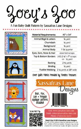 Zoey's Zoo Quilt Pattern  From Sassafras Lane Designs By Shayla Wolf and Kristy Wolf  Finished sizes: 40" X 54"