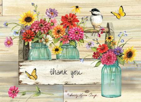 Note Cards - Thank You - Flowers In Jars
Thank you cards are severely under rated. Make a great impression on someone by sending this beautiful thank you card. It's blank on the inside so you can craft a unique message.
One package of ten 3.5 in x 5in Blank note cards and envelopes.