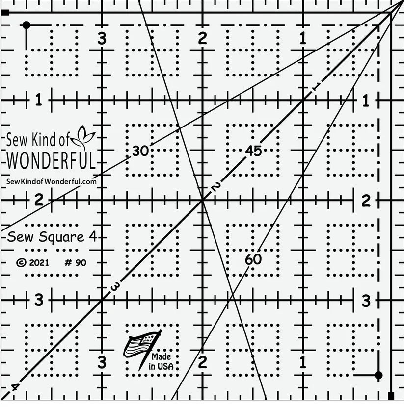 Sew Square 4™ - Sew Kind of Wonderful
Sew Square 4™ is a 4" x 4" clear acrylic ruler with easy to use black lines and marks.
Sew Square 4™ has unique marks for squaring up 4" x 4" units from multiple Sew Kind of Wonderful patterns.