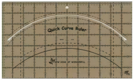 Quick Curve Ruler
From Sew Kind of Wonderful
This ruler is to be used with all Sew Kind of Wonderful© patterns. It is used to cut the curve shapes out and square the blocks up after piecing; easy method for cutting and sewing curves.
The ruler is a quality acrylic ruler with a curve cut out, where your rotary blade of any size will fit into. It's 7" x 12" in size and has a hang hole for storage convenience.