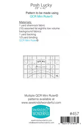 Pattern guide for QCR Mini Ruler with fabric requirements and website information on a white background